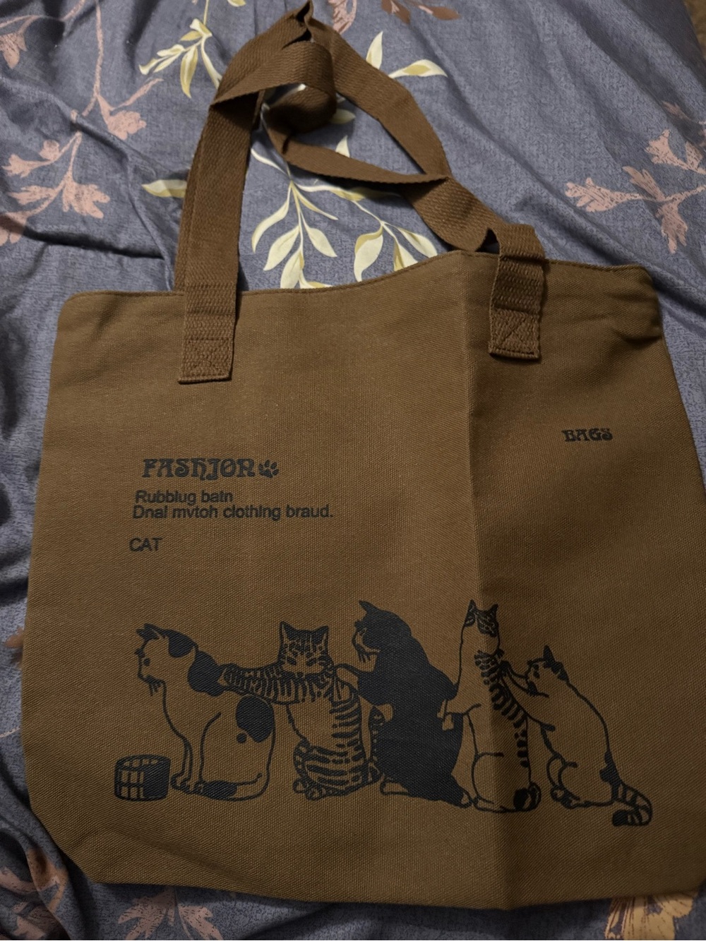 Brown Cat Canvas Tote Bag with Black Cat Print